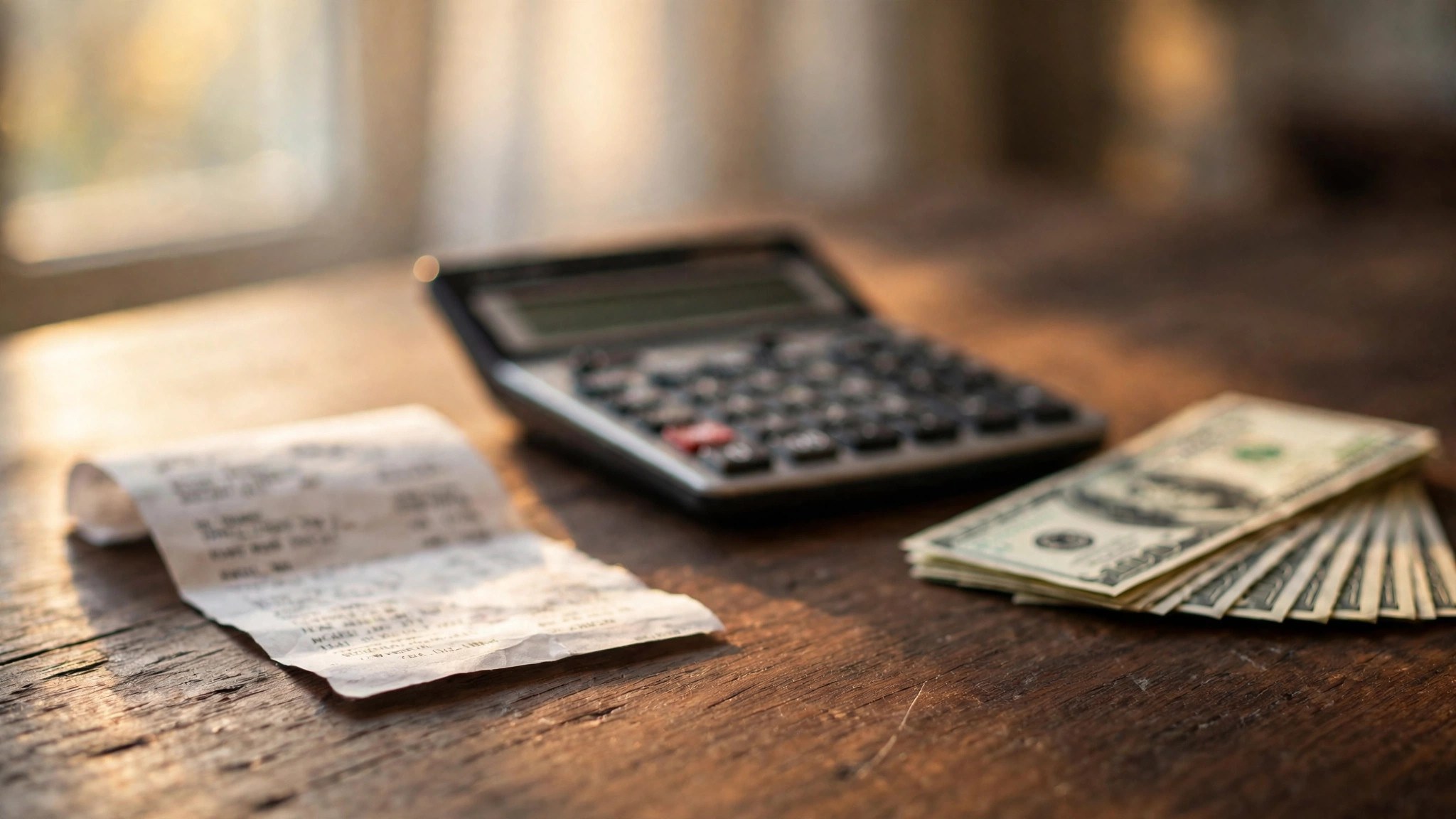 A pay stub next to a calculator and a stack of dollar bills on a desk