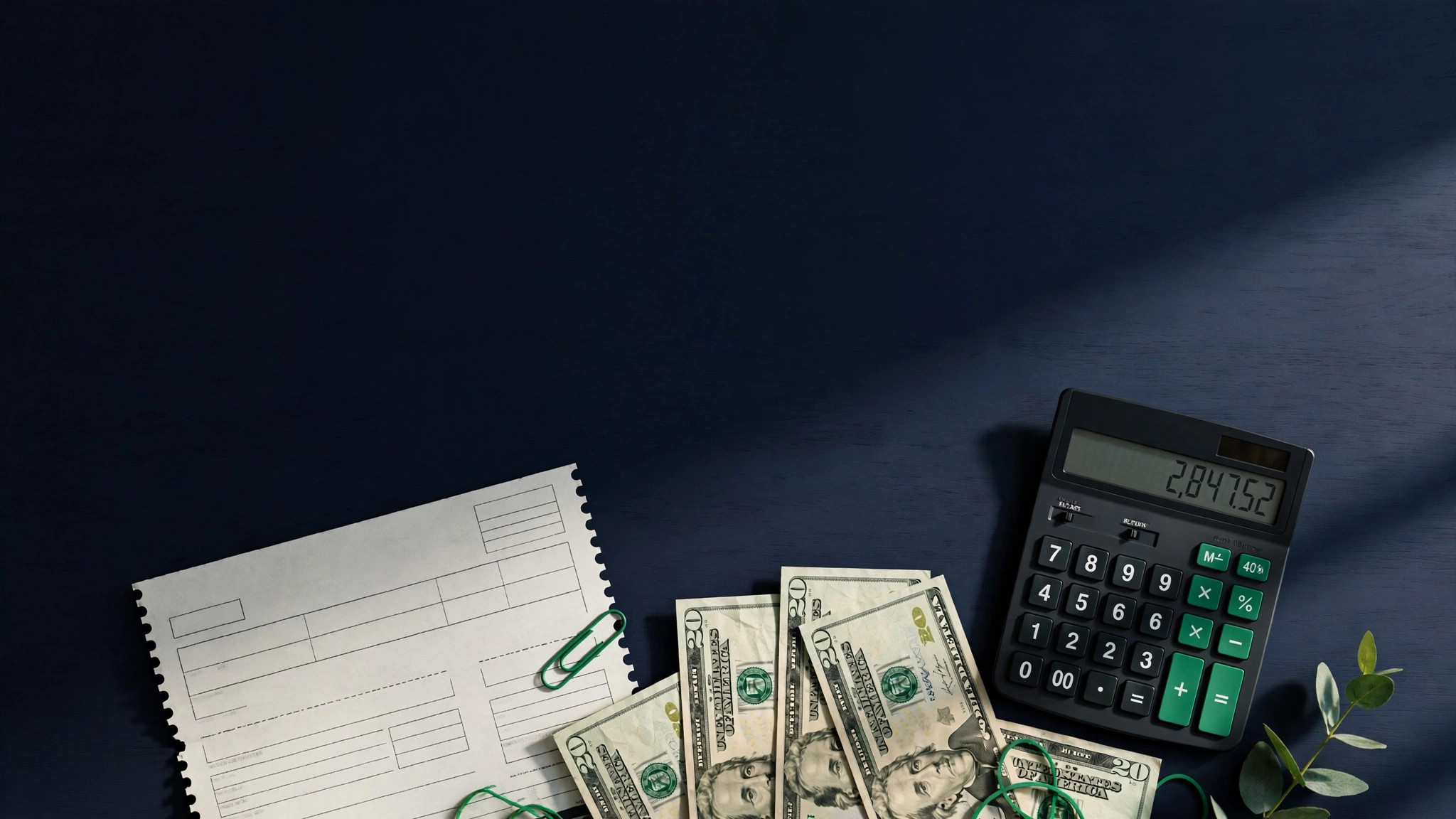 Paycheck, calculator and dollar bills