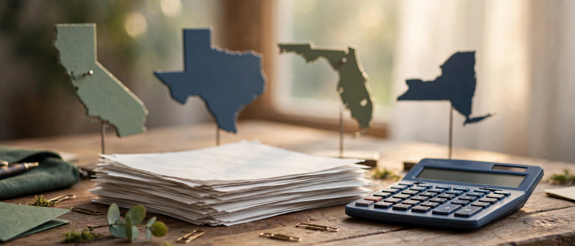 Tax forms, calculator and state map cutouts